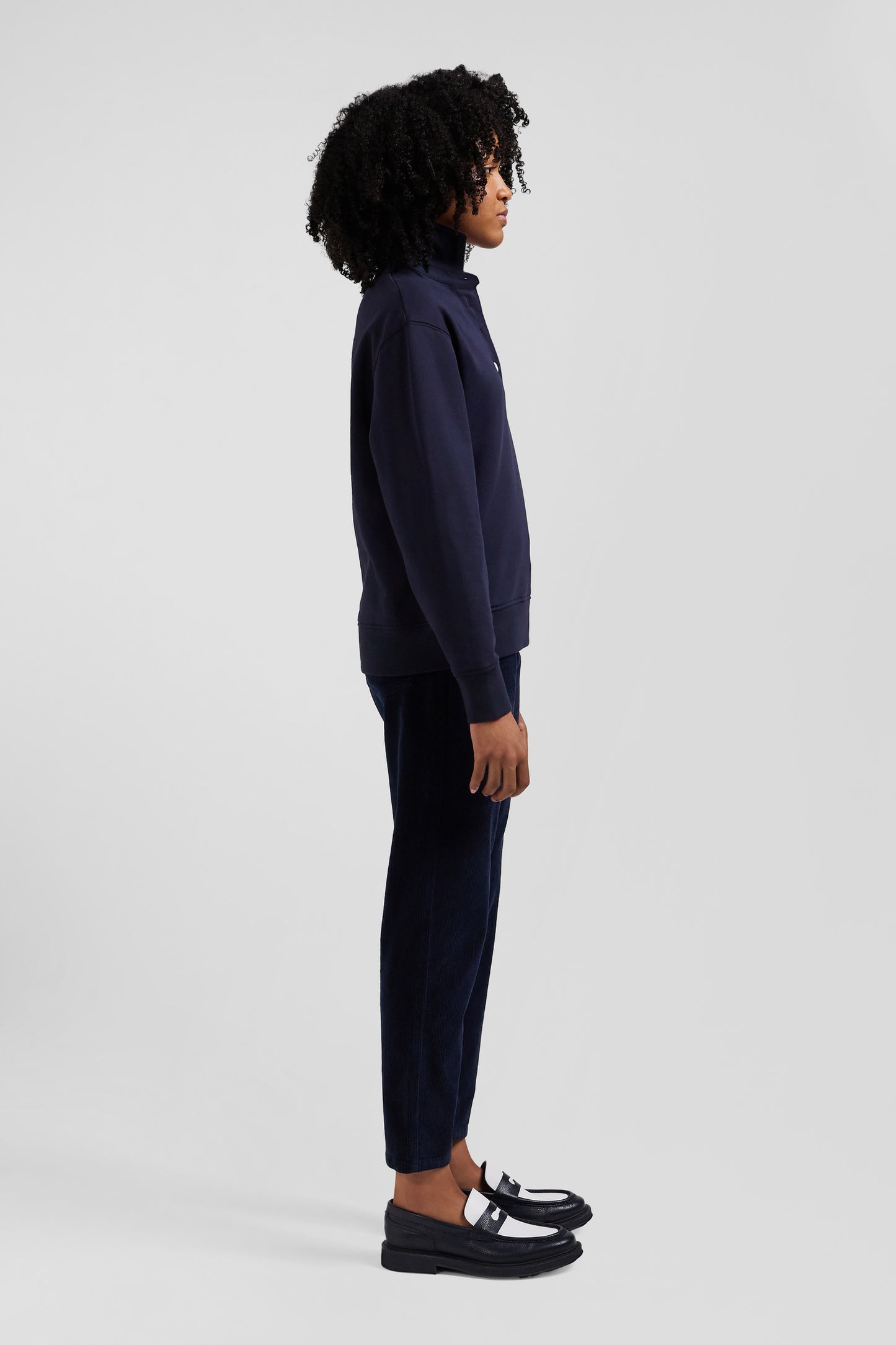 Relaxed navy blue cotton blend sweatshirt with back embroidery and rugby shirt collar