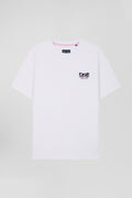 Regular white short-sleeved cotton T-shirt with tie patchwork emblem