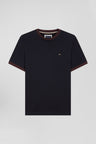 Regular navy short-sleeved cotton T-shirt with back embroidery
