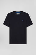 Regular navy blue short-sleeved cotton T-shirt with back embroidery