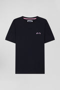 Regular navy short-sleeved cotton T-shirt with striped embroidery