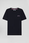 Regular navy short-sleeved cotton T-shirt with striped embroidery