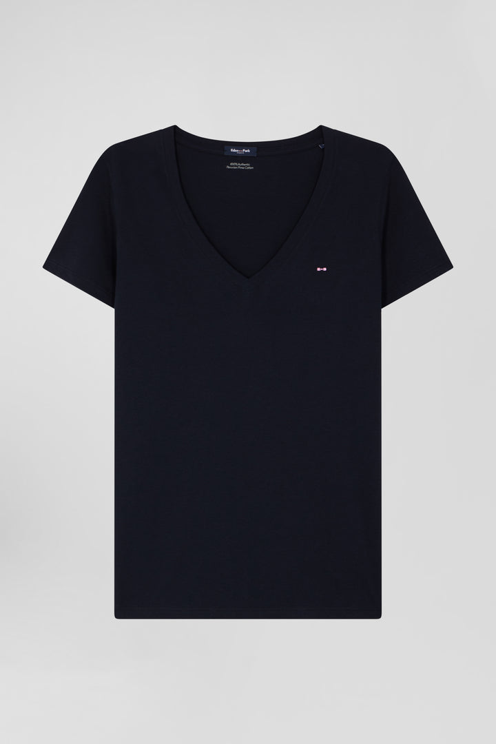 Regular navy blue short-sleeved V-neck cotton T-shirt