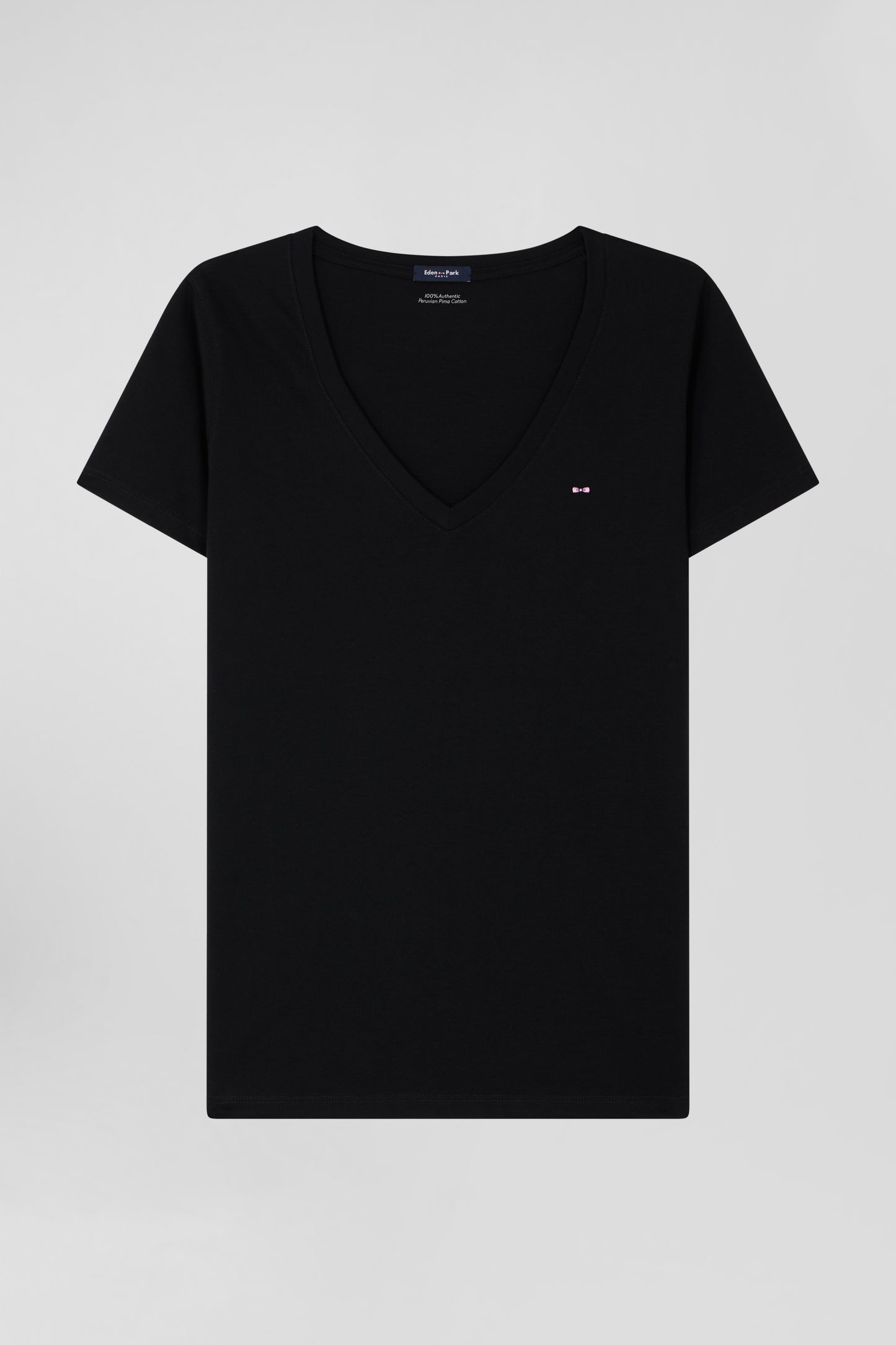 Regular black short-sleeved V-neck cotton T-shirt