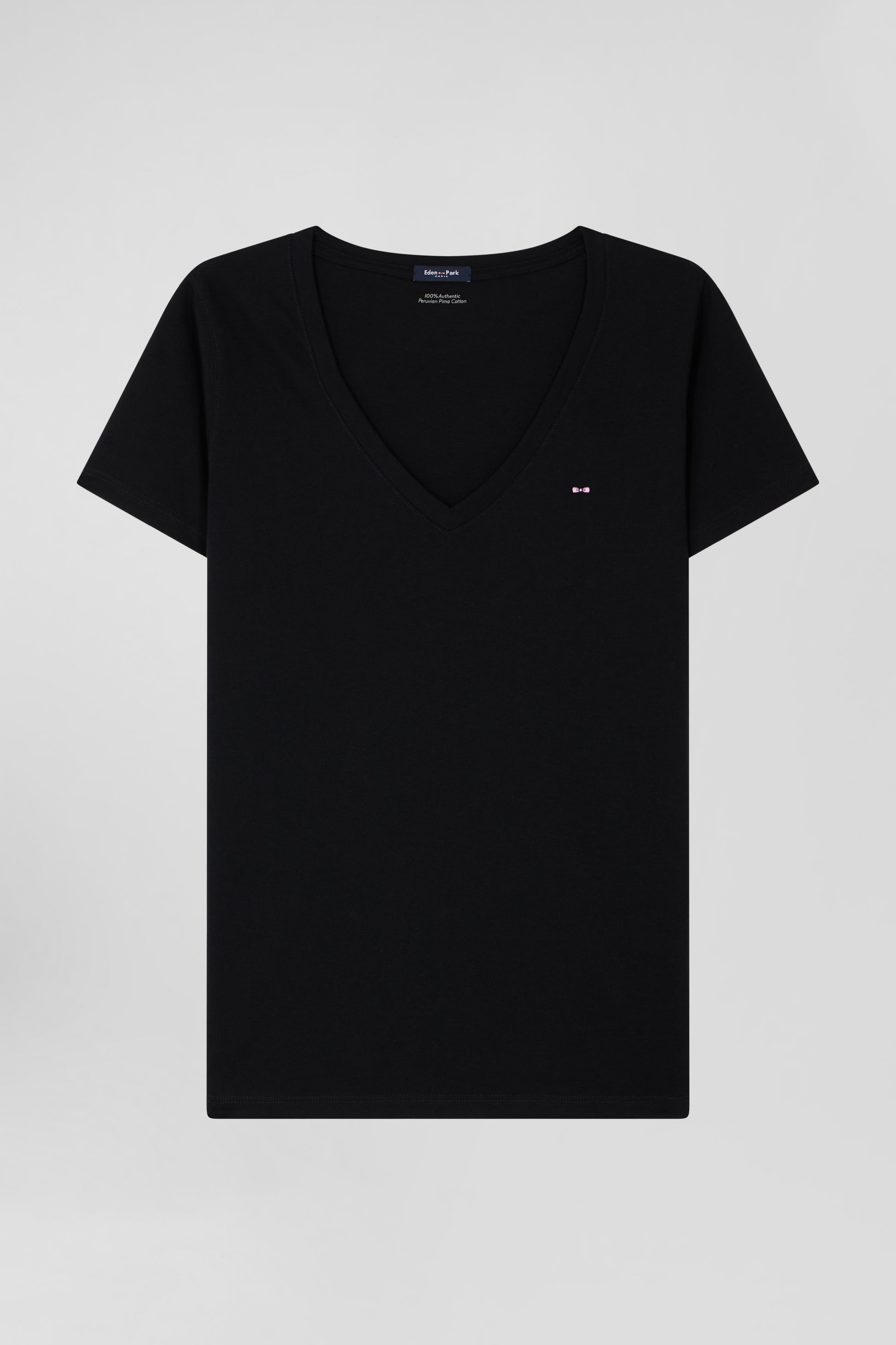 Regular black short-sleeved V-neck cotton T-shirt