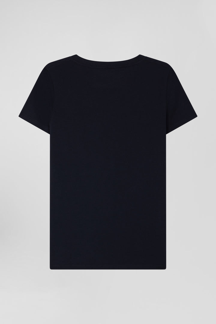 Regular navy blue short-sleeved V-neck cotton T-shirt