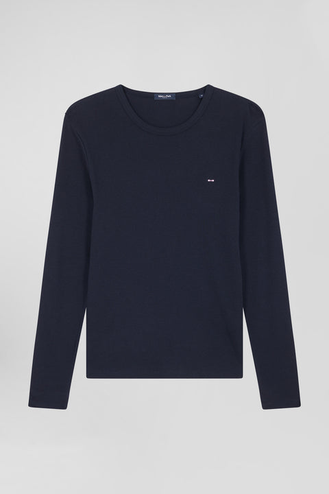 Slim navy blue long-sleeved round neck cotton T-shirt - Image 1