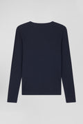 Slim navy blue long-sleeved round neck cotton T-shirt