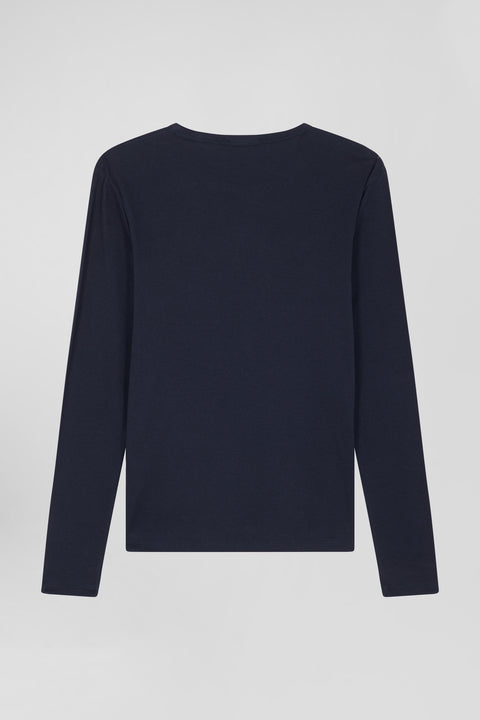 Slim navy blue long-sleeved round neck cotton T-shirt - Image 2
