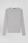 Slim grey long-sleeved round neck cotton T-shirt