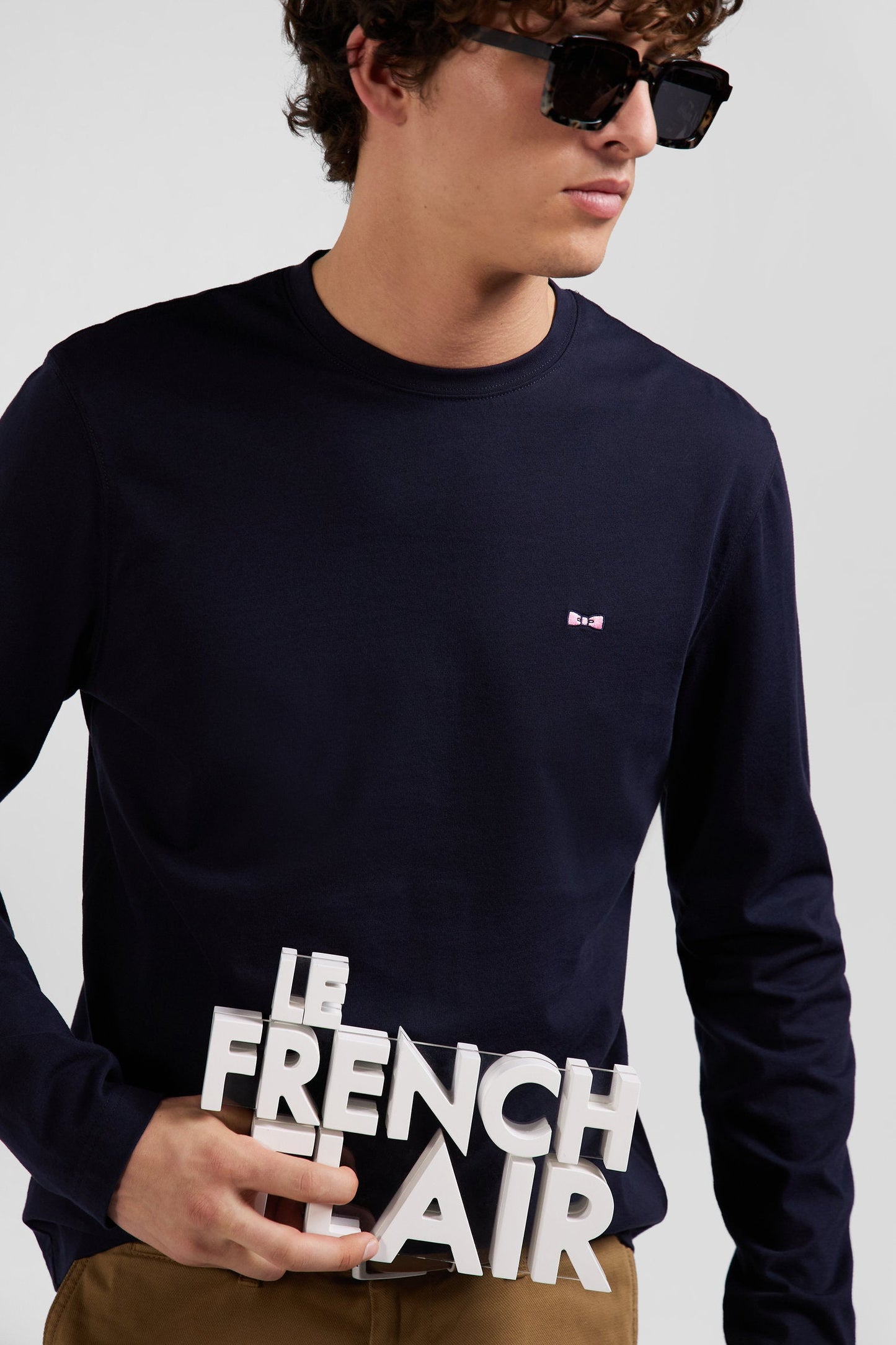 T-shirt manches longues en coton bleu marine broderie dos coupe Regular - Image 3