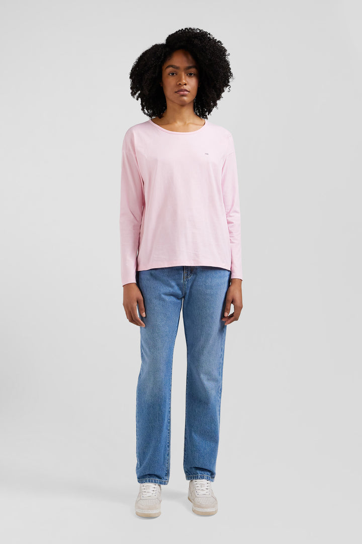 Relaxed pink long-sleeved round neck cotton T-shirt