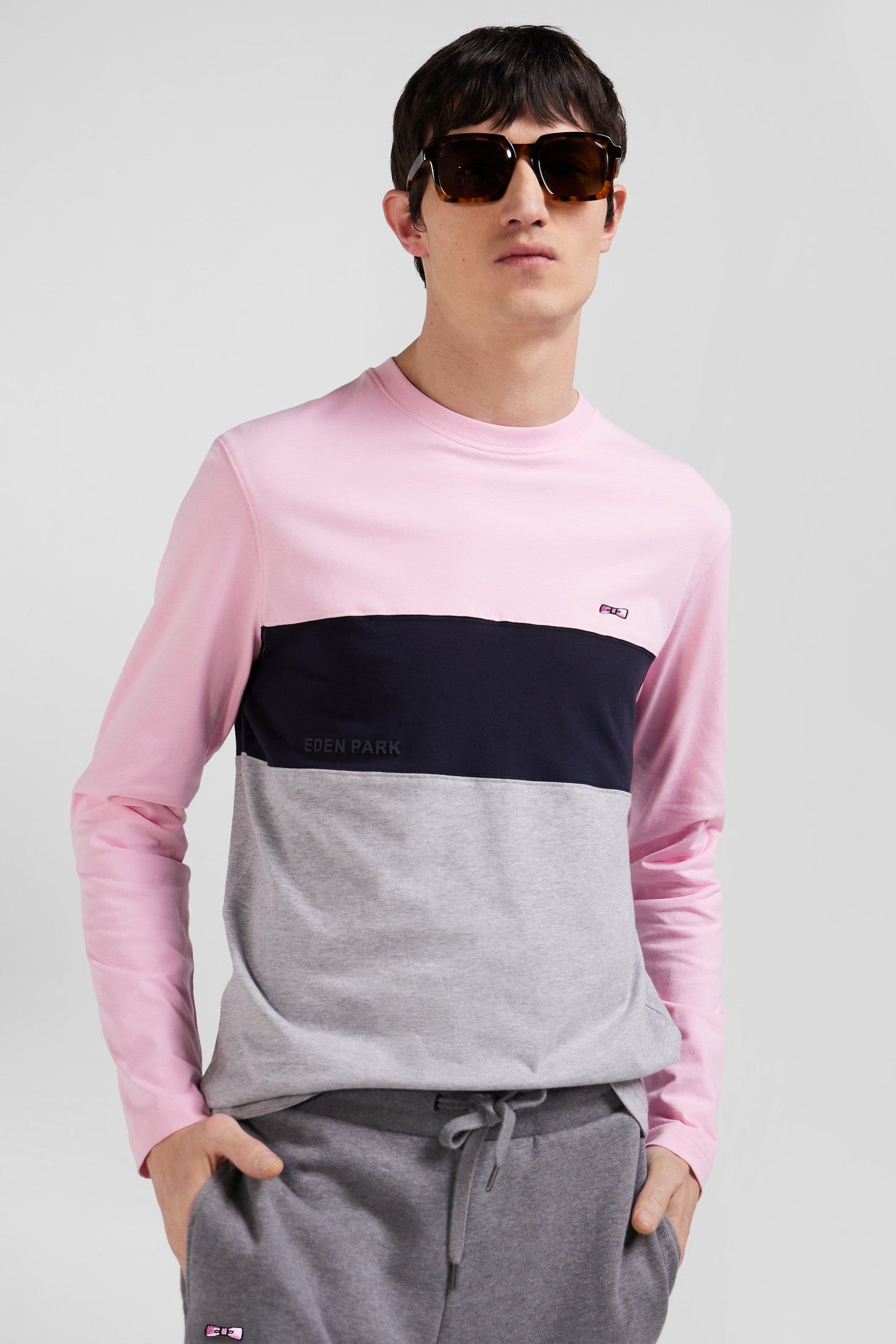 T-shirt manches longues colorblock en coton rose coupe Regular - Image 3