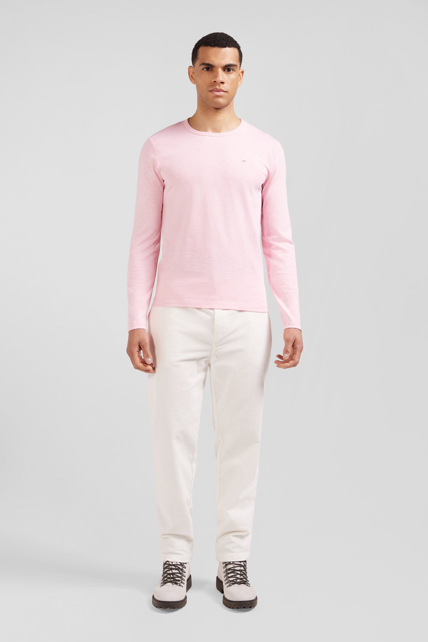 T-shirt manches longues en coton uni rose coupe Slim - Image 1