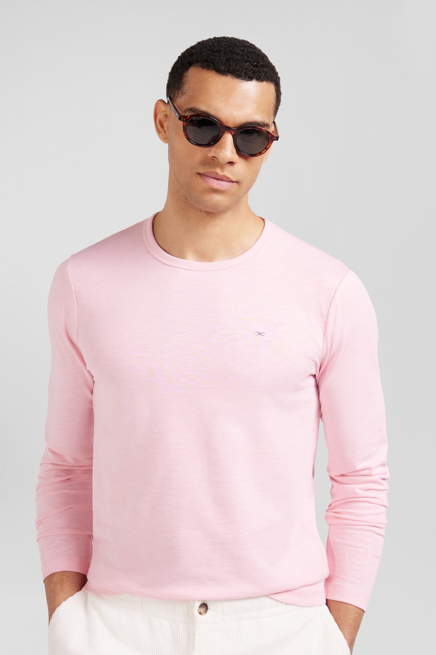 T-shirt manches longues en coton uni rose coupe Slim - Image 3