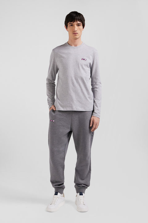 Regular grey long-sleeved cotton T-shirt with striped bow tie embroidery - Image 1