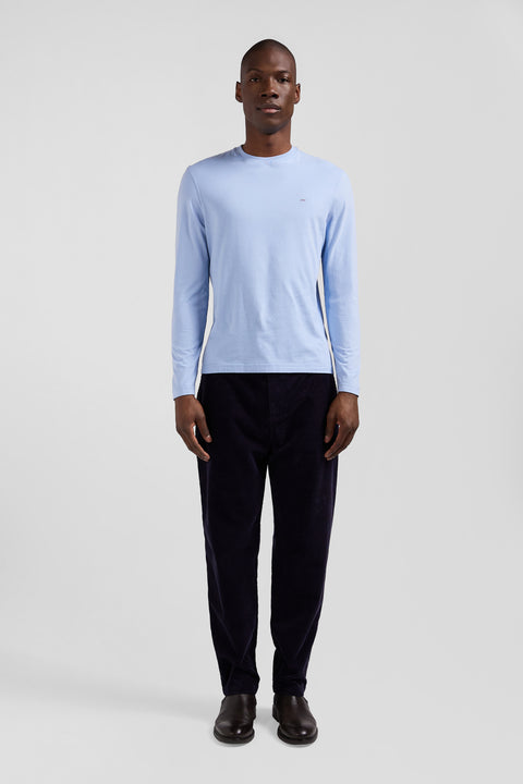 Regular sky blue long-sleeved cotton T-shirt with floral back patch - Image 1