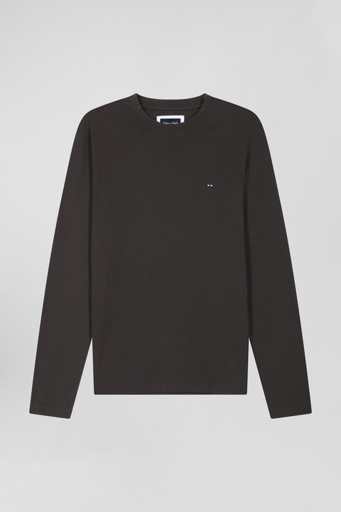 Regular khaki long-sleeved cotton T-shirt with floral back patch - Image 2