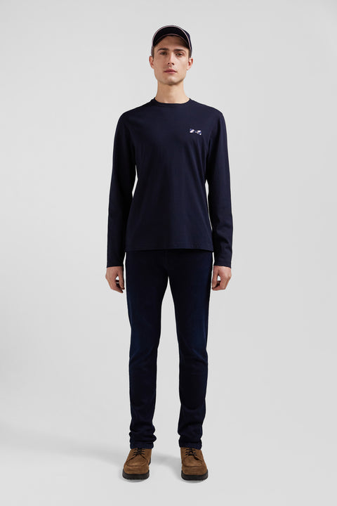 Regular navy blue embroidered long-sleeved cotton T-shirt - Image 1