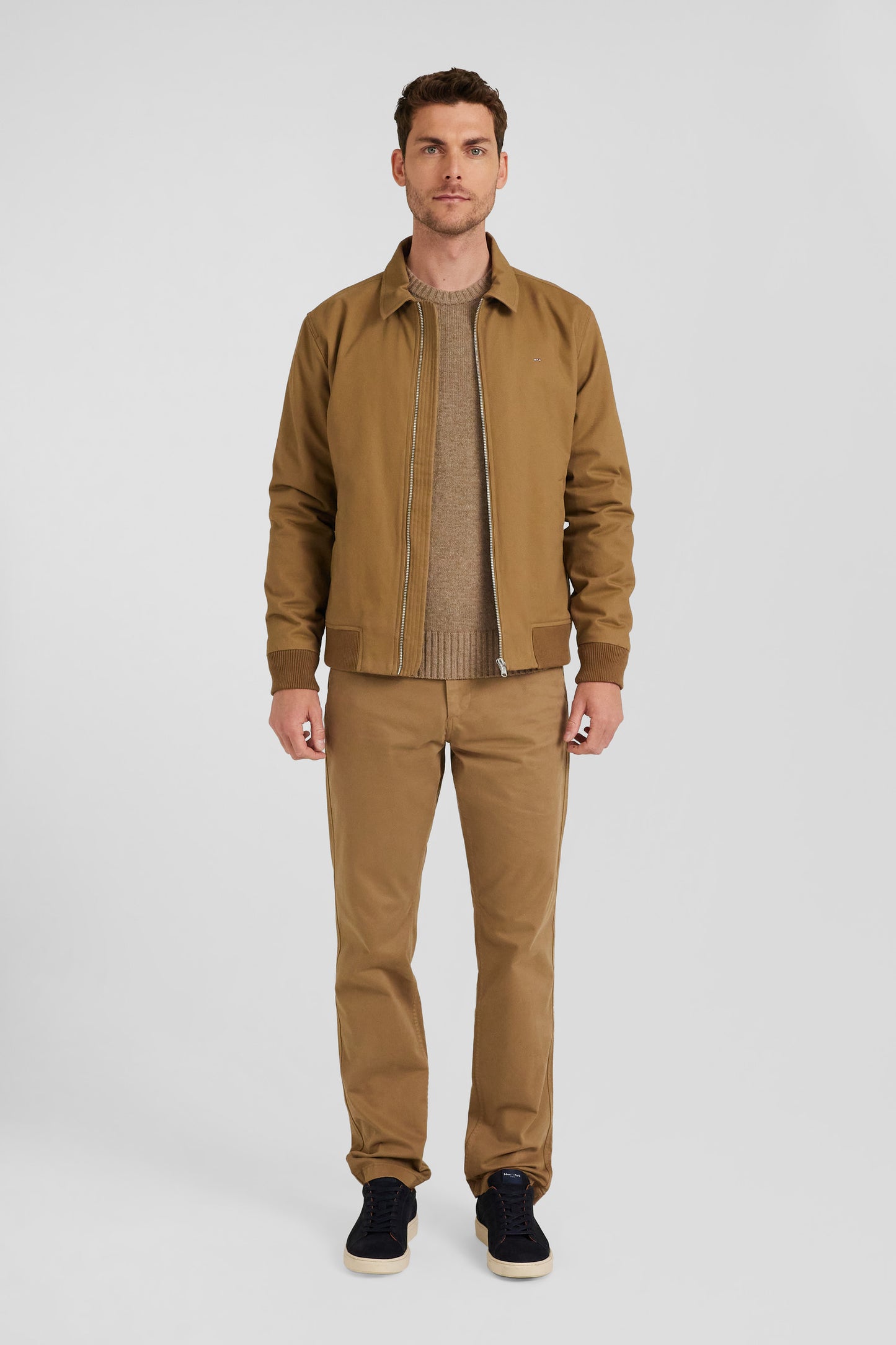 Zip jacket with shirt collar in hazelnut cotton gabardine