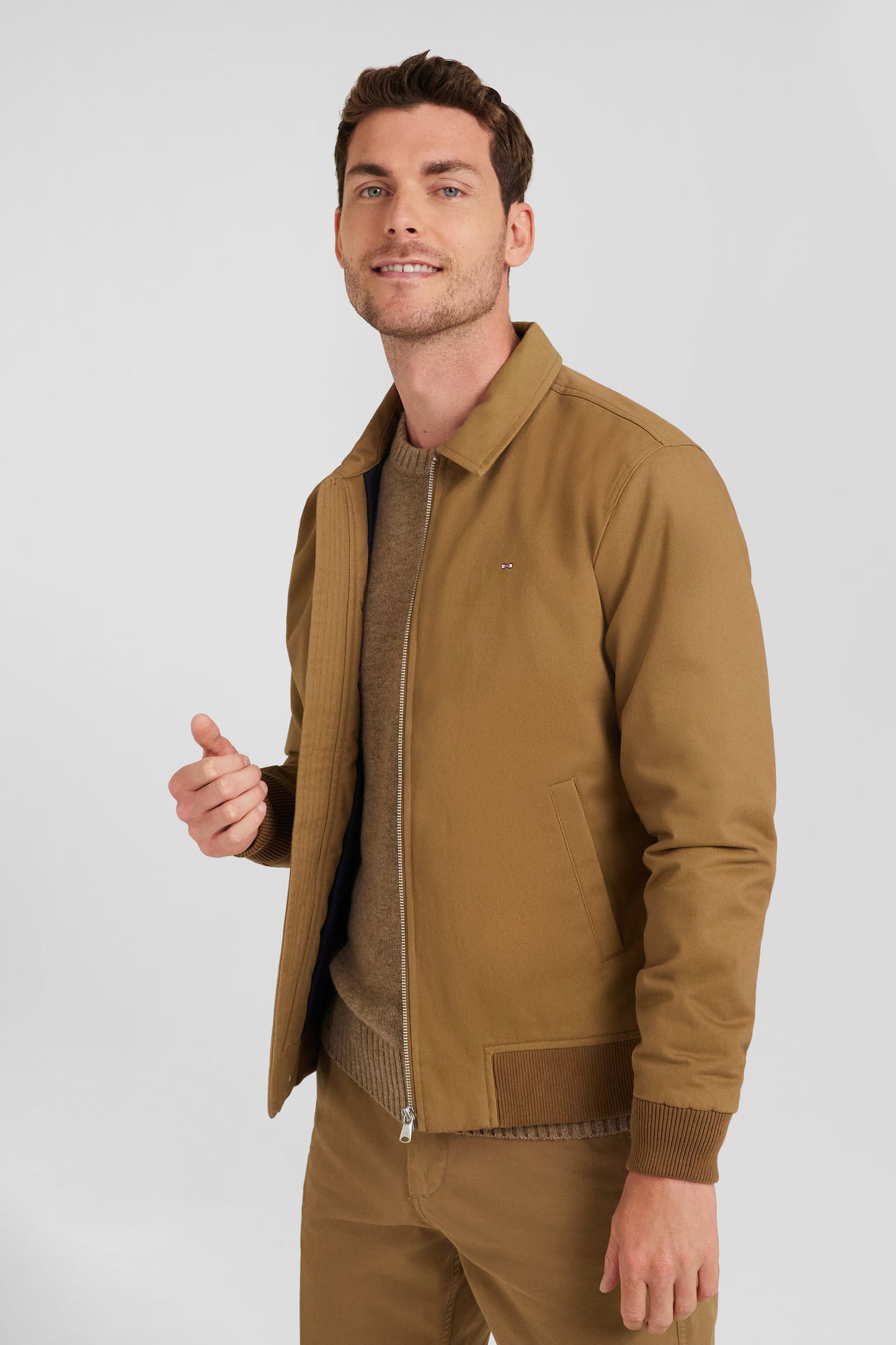 Zip jacket with shirt collar in hazelnut cotton gabardine