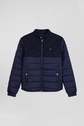 Navy blue long-sleeved double quilted high collar down jacket