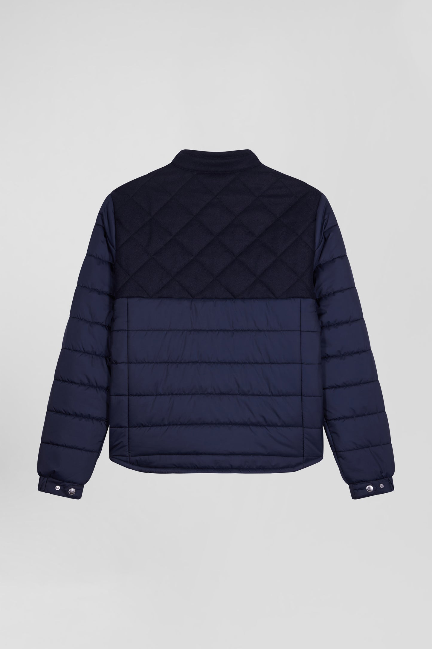 Navy blue long-sleeved double quilted high collar down jacket