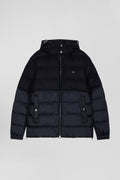 Navy blue flannel and nylon down jacket