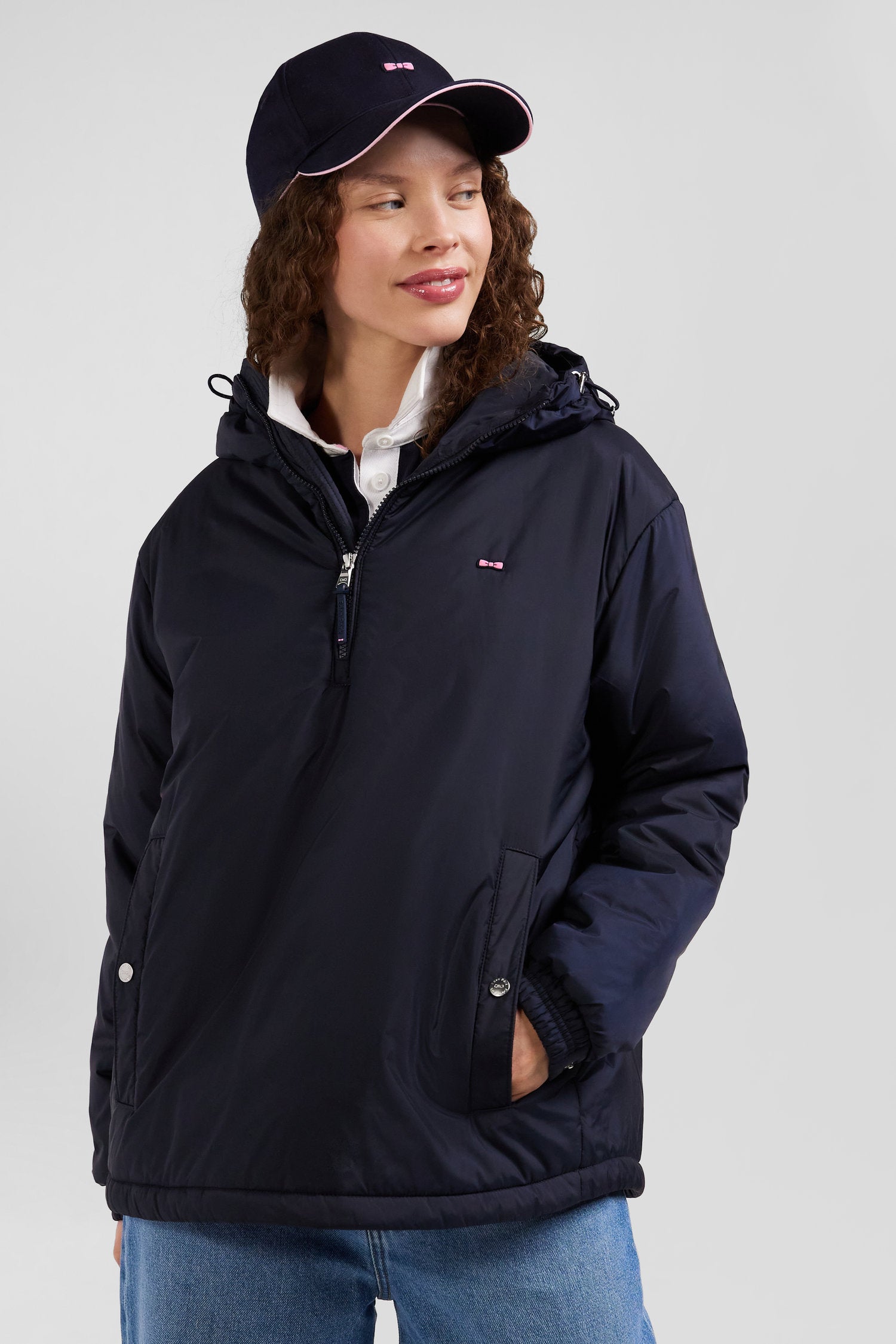 Oversize navy blue hooded down jacket