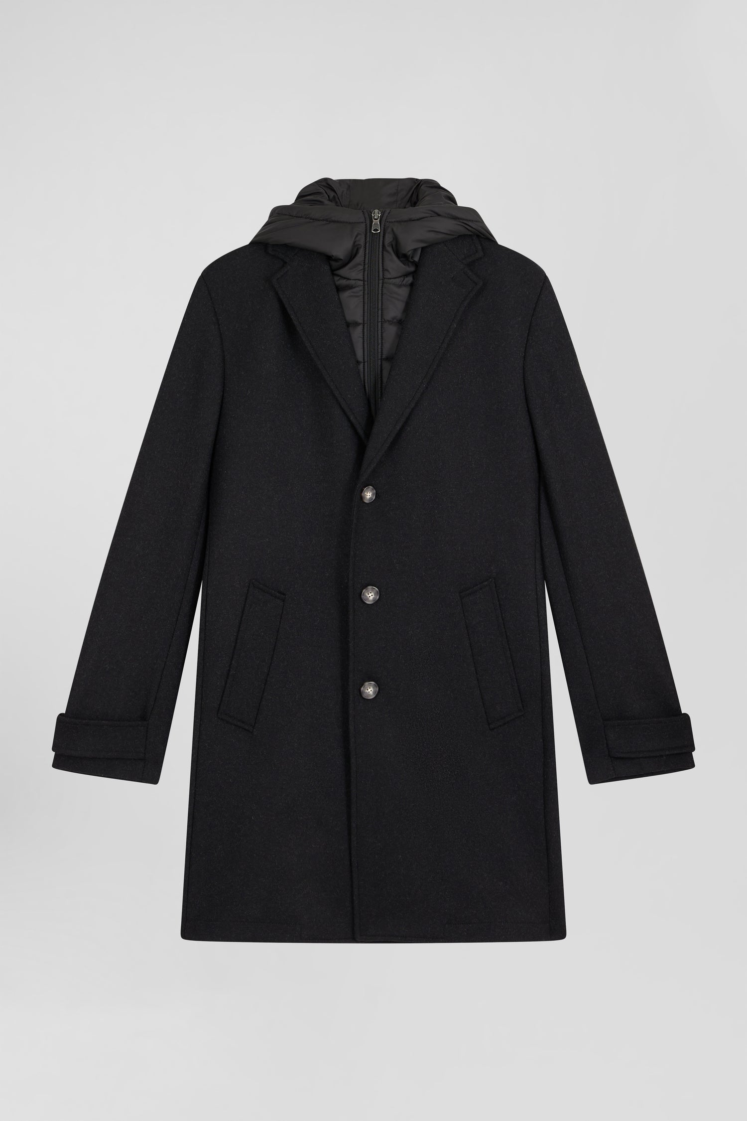 Manteau en jersey de laine double face noir parmenture matelassée