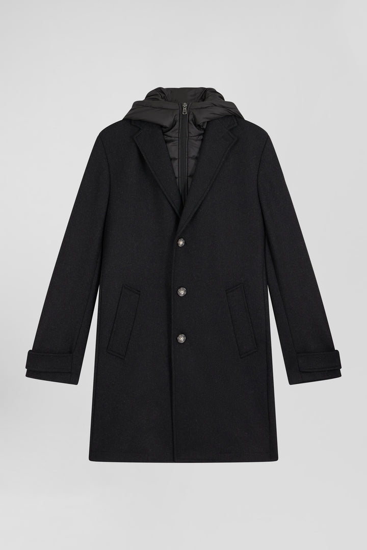 Manteau en jersey de laine double face noir parmenture matelassée