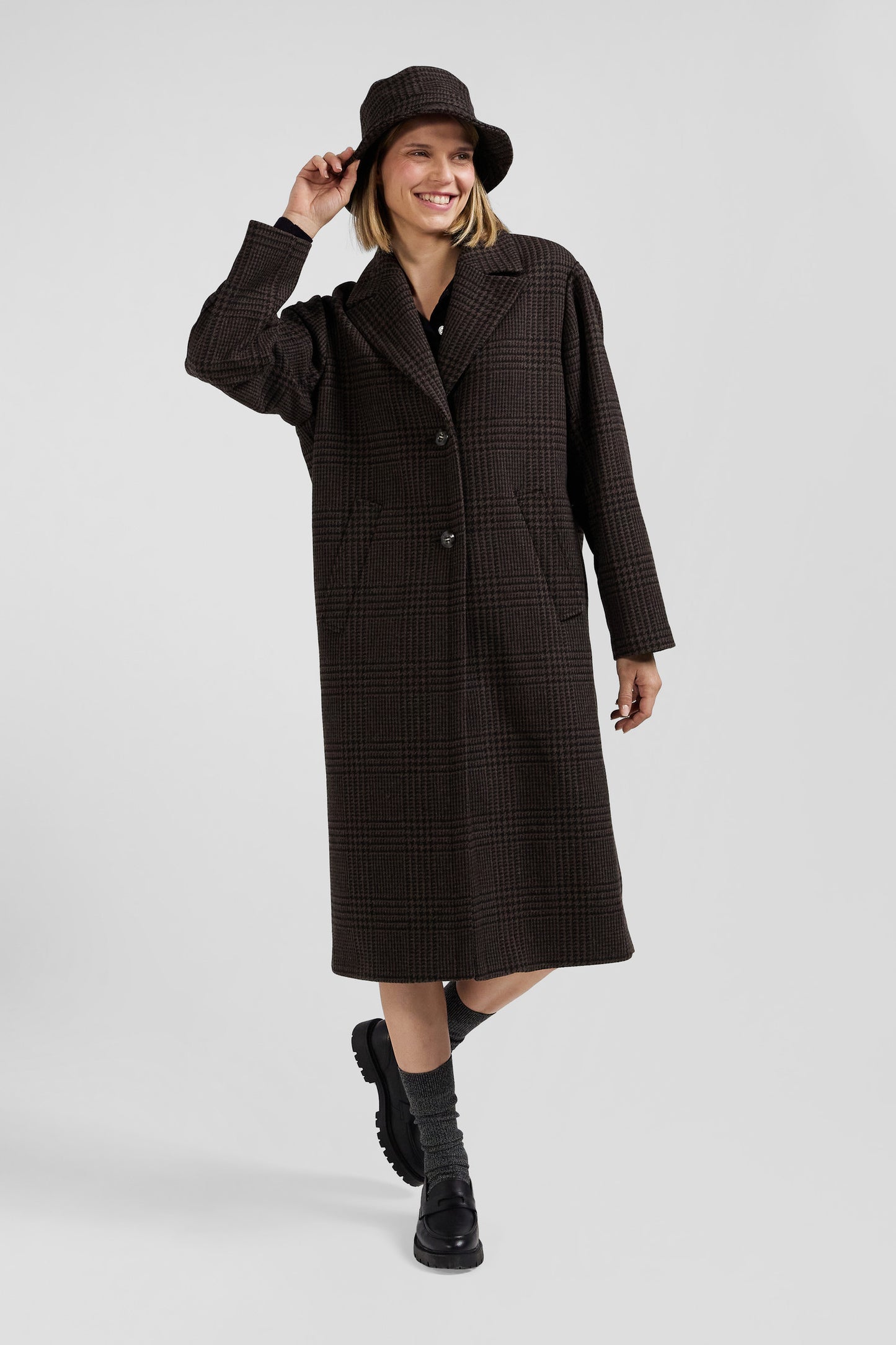 Regular brown checkered wool blend coat