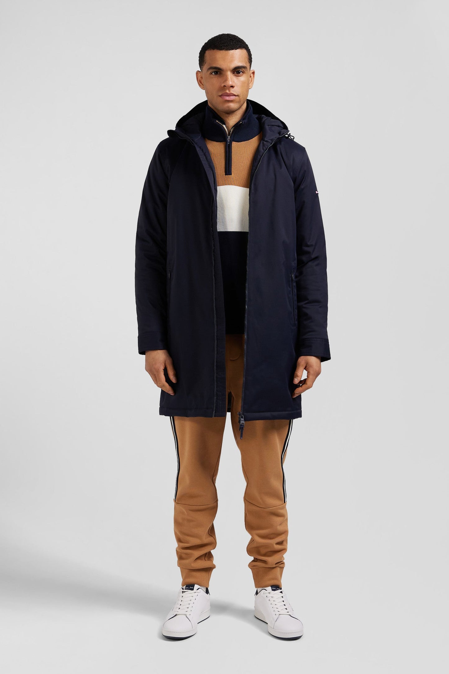 Parka longue à capuche en nylon bleu marine - Image 1