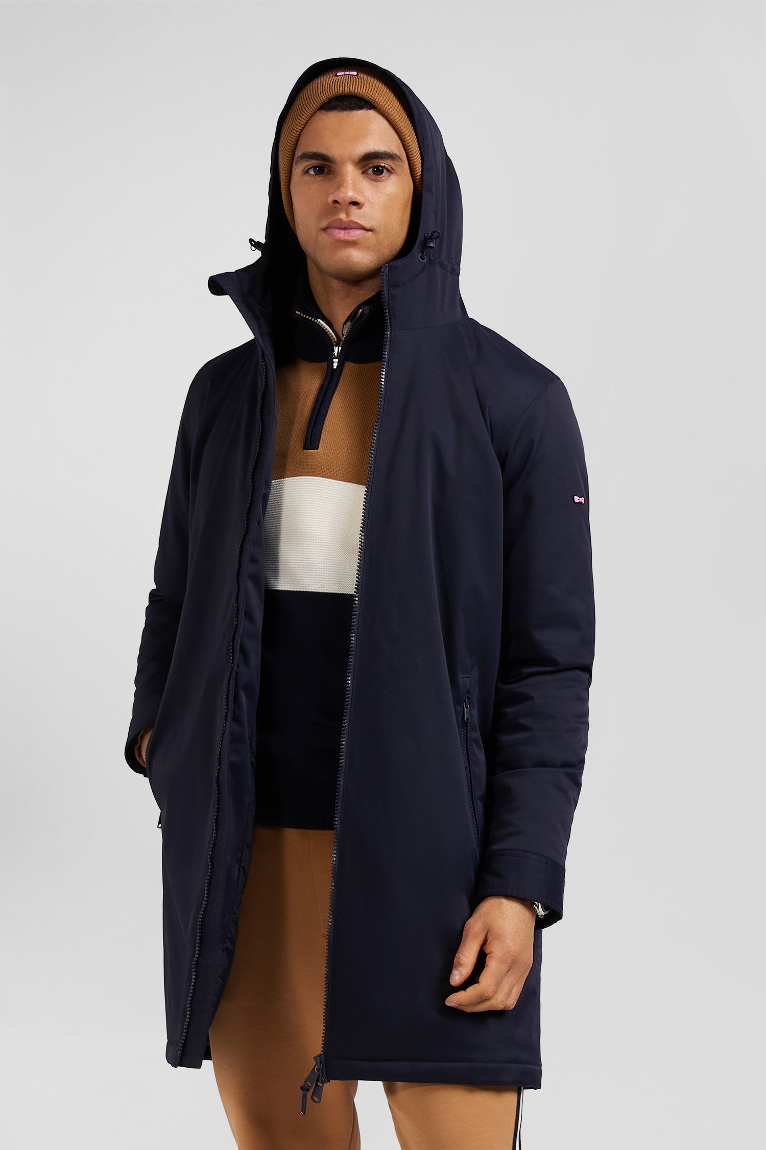 Parka longue à capuche en nylon bleu marine