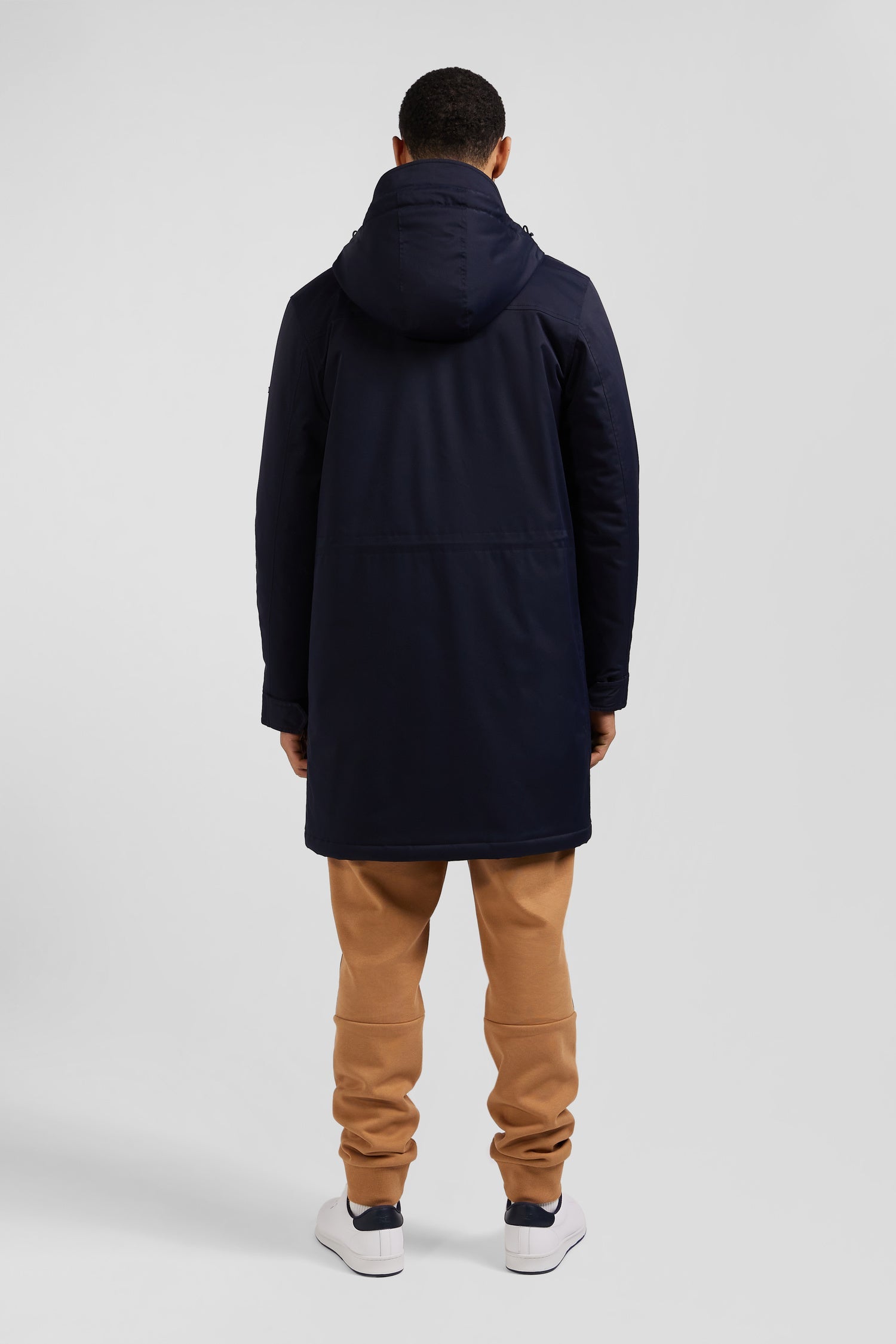 Parka longue à capuche en nylon bleu marine