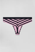 Navy blue and pink striped stretch cotton jersey thong