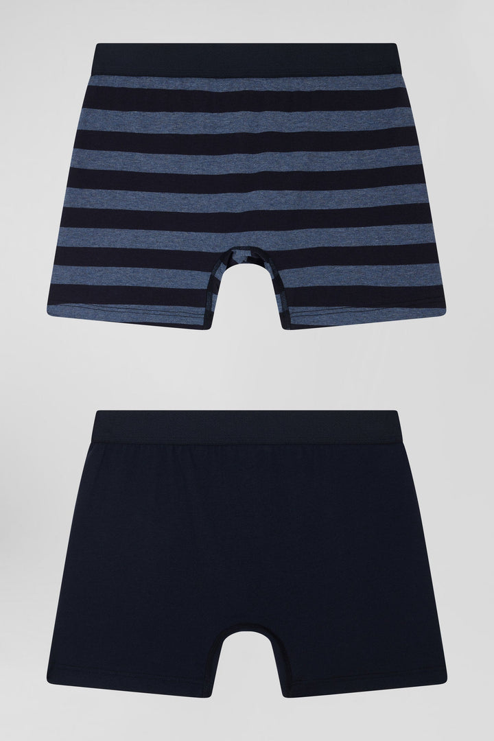 Lot de 2 boxers en coton stretch uni et cerclé bleu foncé alt view