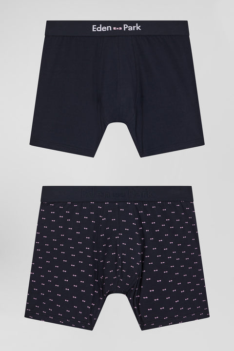 Set of 2 navy blue solid and micro pattern stretch cotton boxers - Image 1