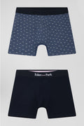 Lot de 2 boxers en coton stretch uni et micro-motifs bleu foncé