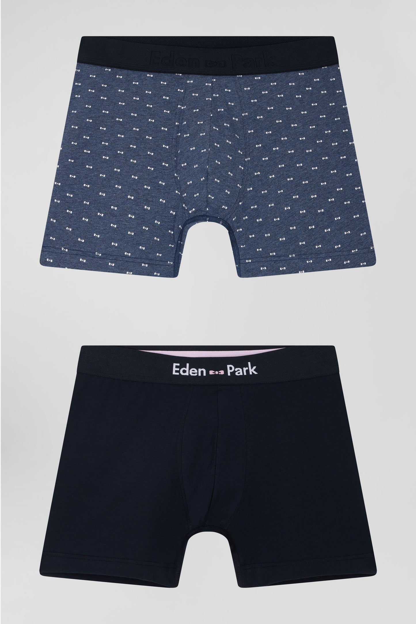 Lot de 2 boxers en coton stretch uni et micro-motifs bleu foncé - Image 1