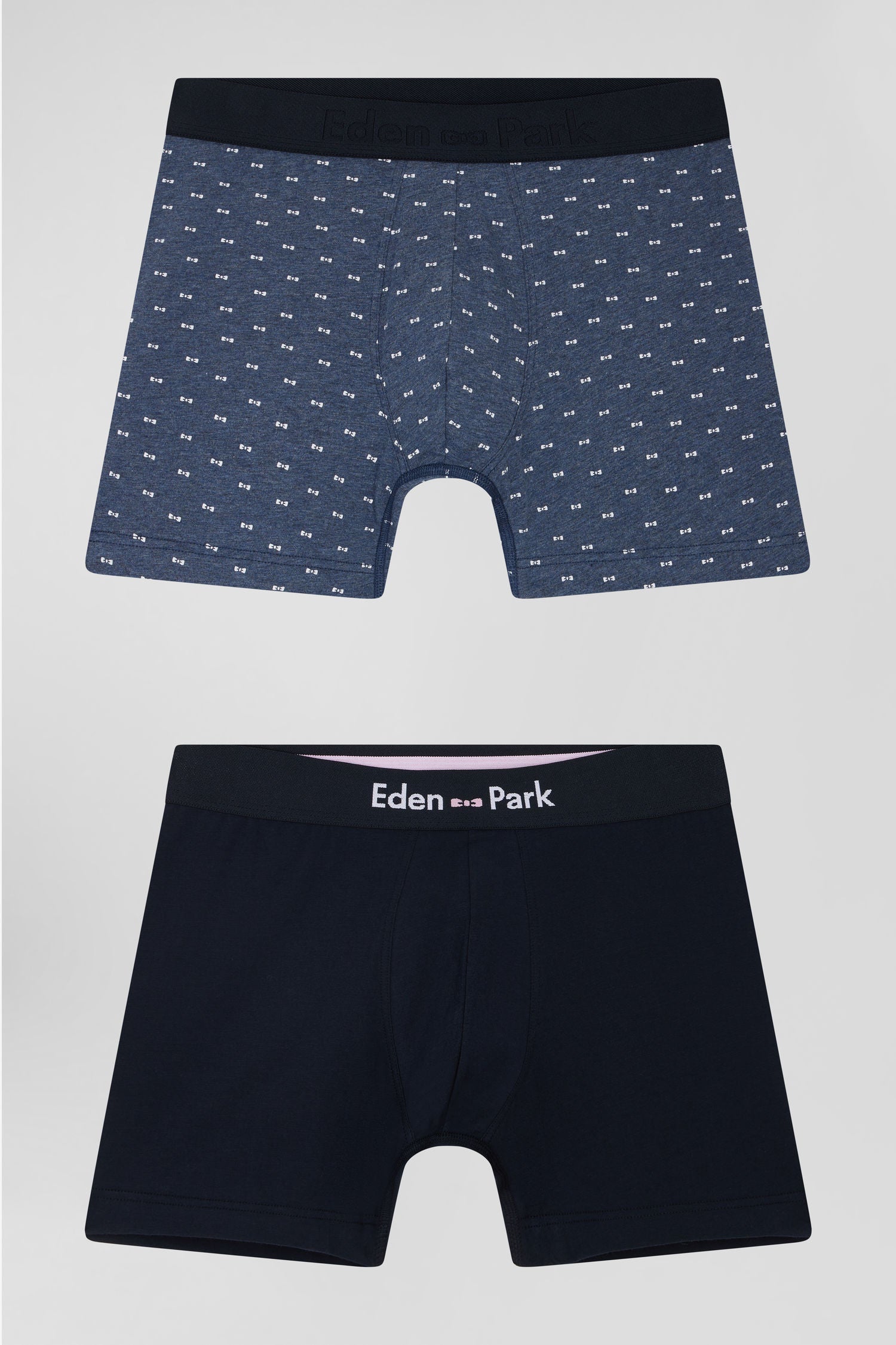 Lot de 2 boxers en coton stretch uni et micro-motifs bleu foncé