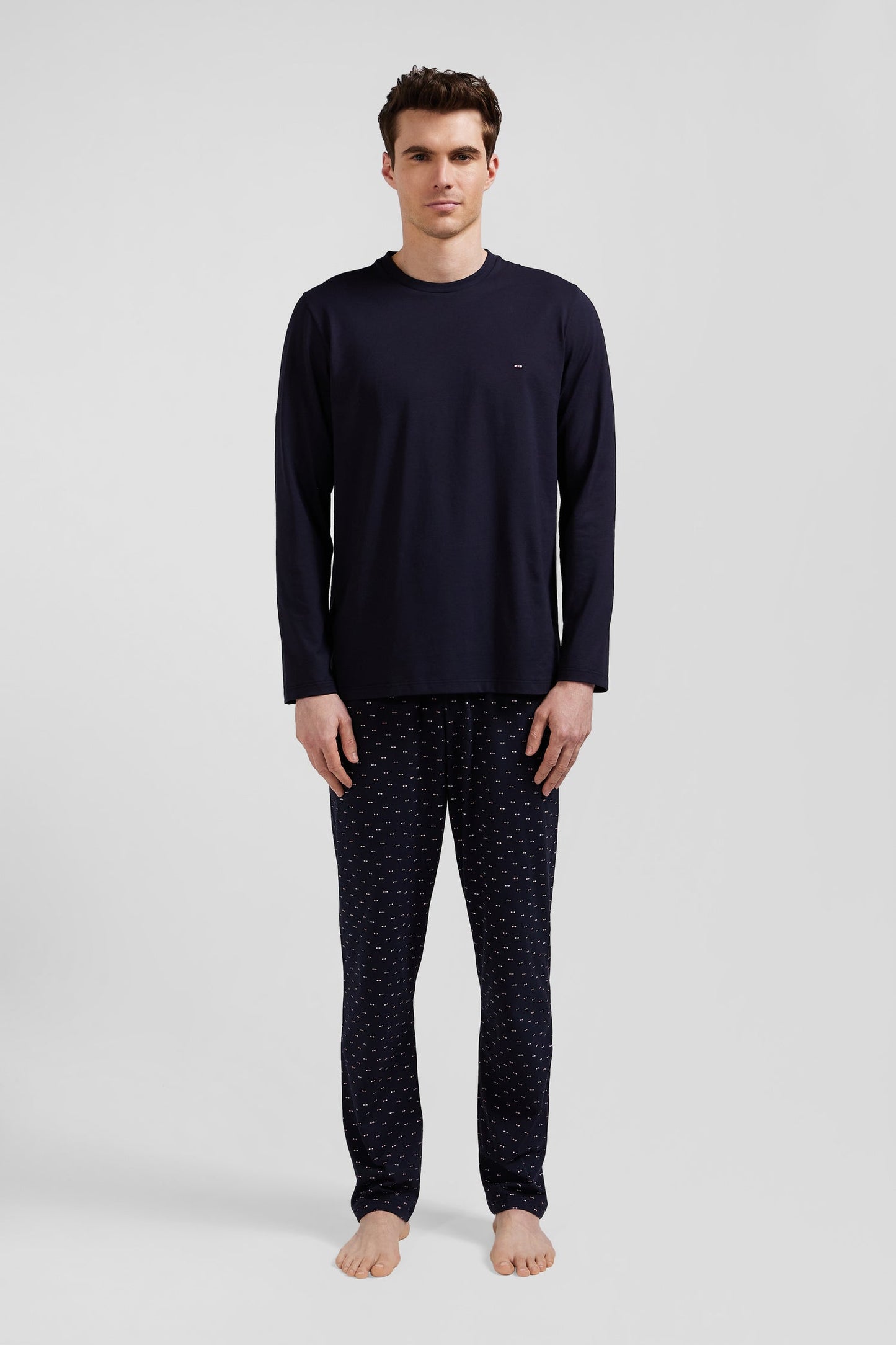 Pyjama long en coton bleu marine pantalon à micromotifs - Image 1