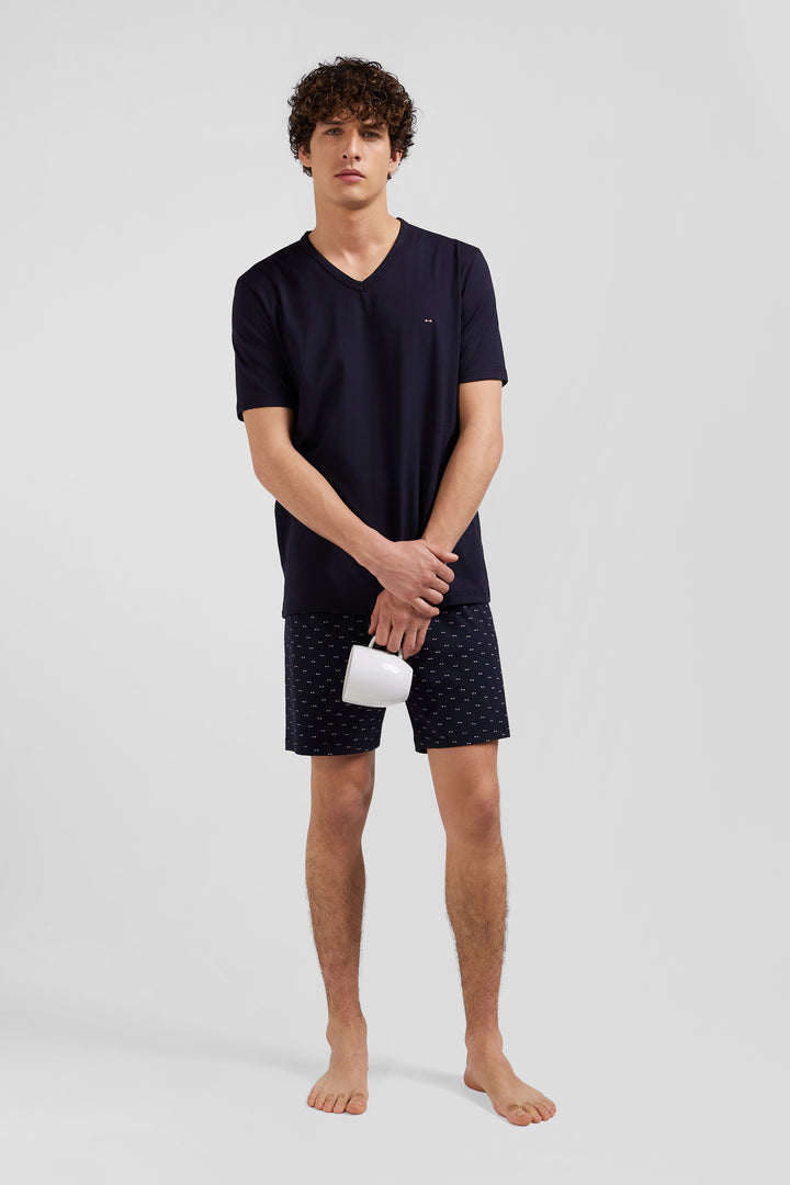 Navy blue short cotton pajamas with micro pattern shorts