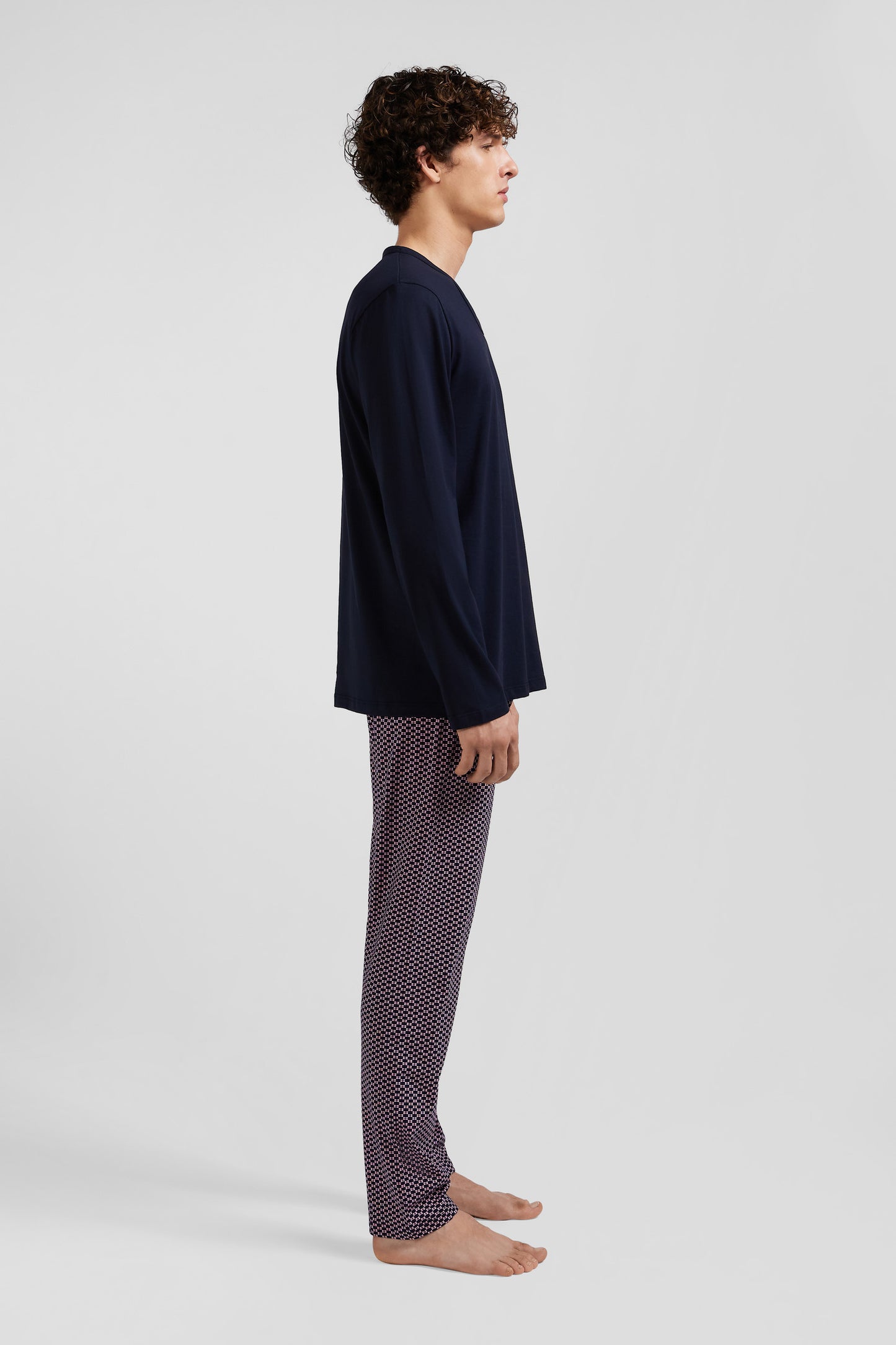 Pink long cotton pajamas with bow tie micro pattern trousers