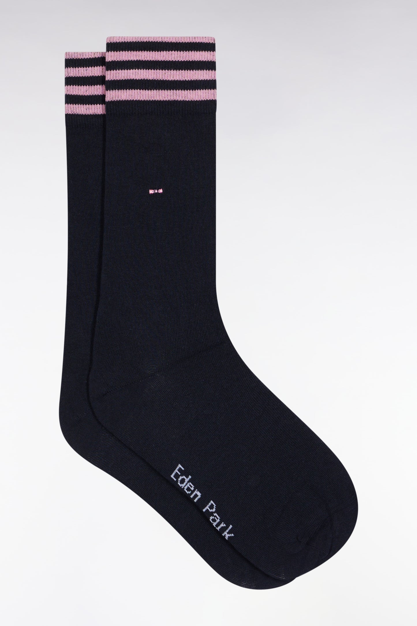 Navy stretch cotton blend socks with striped trim