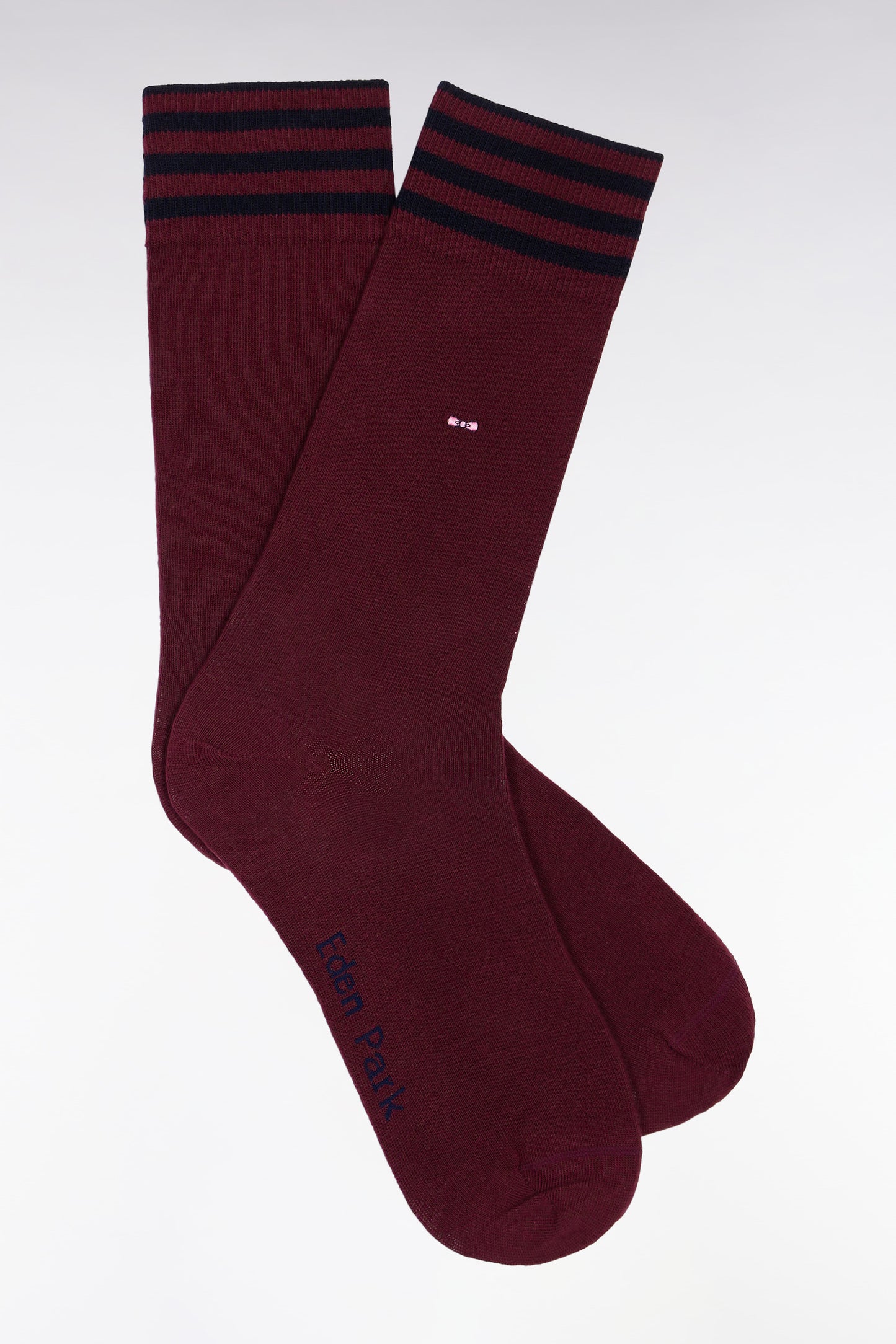 Burgundy stretch cotton blend socks with striped trim