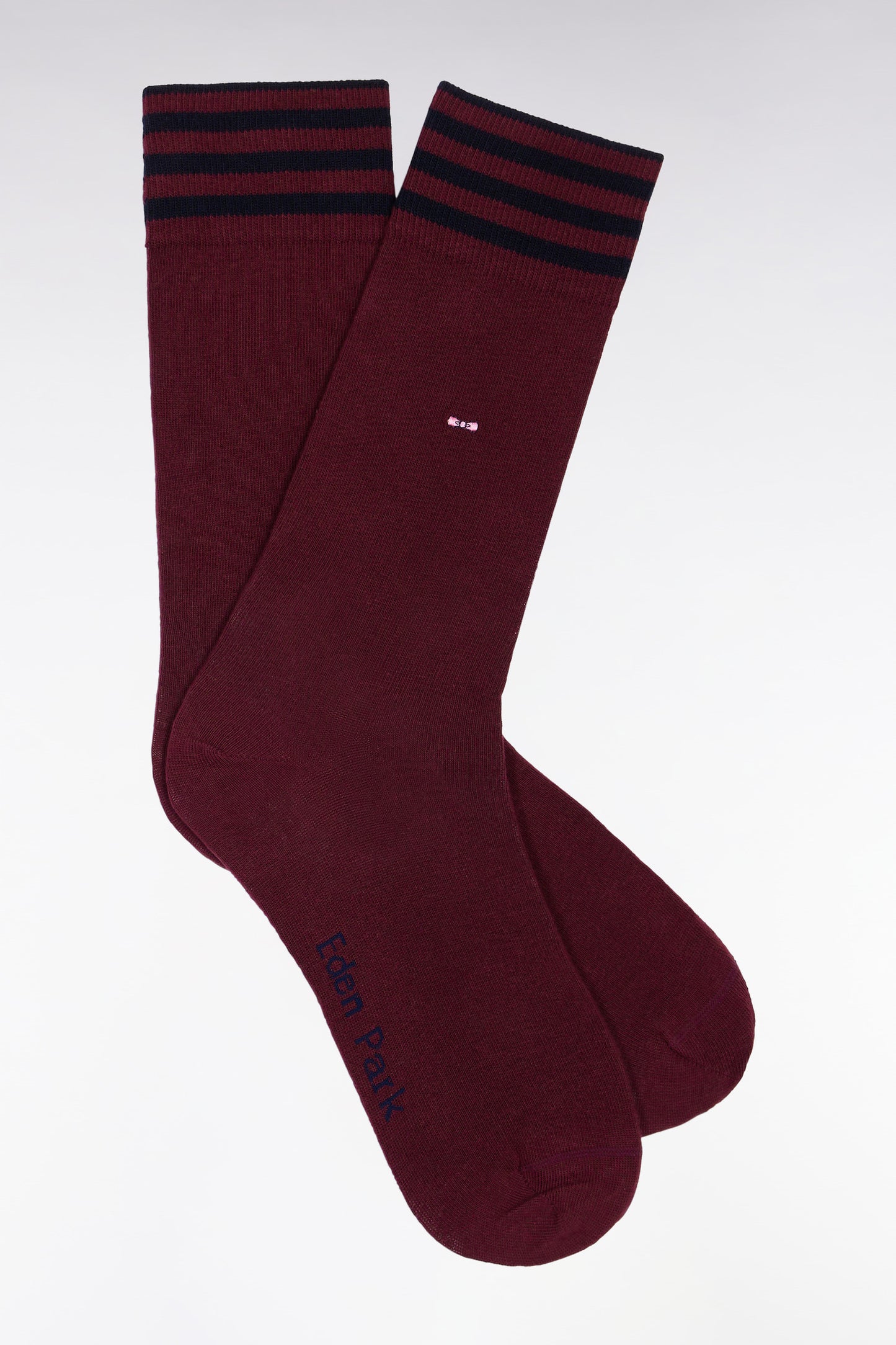 Burgundy stretch cotton blend socks with striped trim