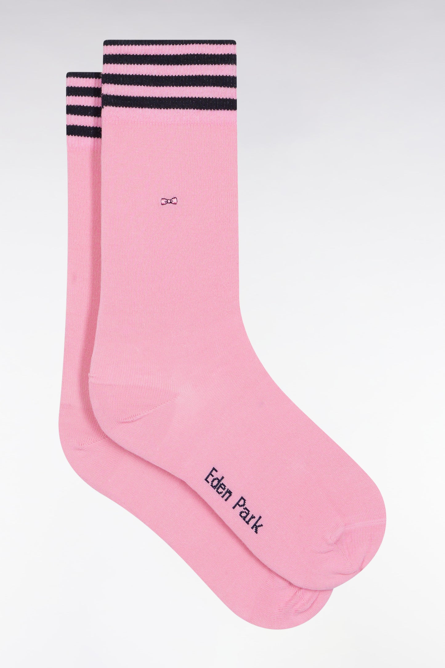 Pink stretch cotton blend socks with striped trim