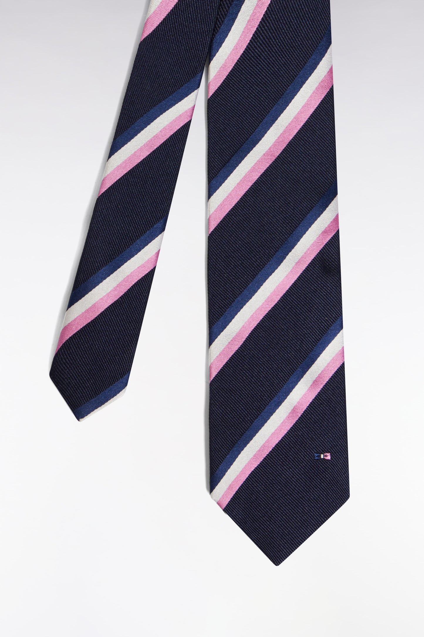 Navy silk tie with tricolored stripes