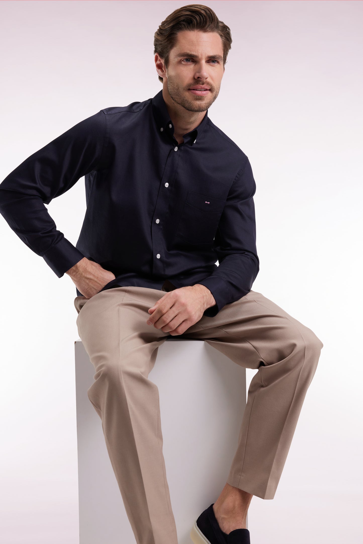 Navy piqué cotton straight-cut shirt